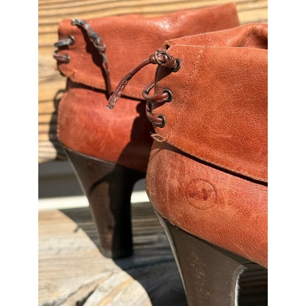 Vtg BRONX  Ankle Boots Leather Lace Up Brown Folded Cuff Womens Sz EU 36 US 6